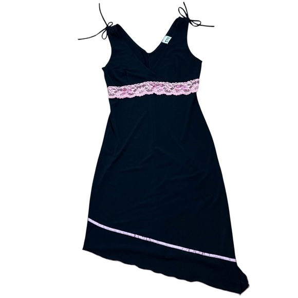 Vintage 90s Y2K Coquette Asymmetrical Babydoll Stretchy  Midi Dress Lace Bow S/M - Picture 6 of 16